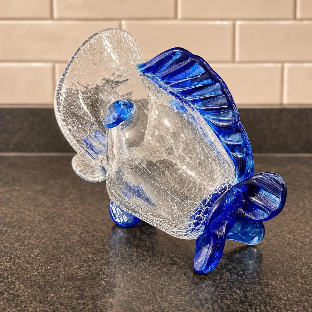 Art Glass Mexican Fish Crackle Glass Cobalt Blue Nautical Big Mouth Ashtray